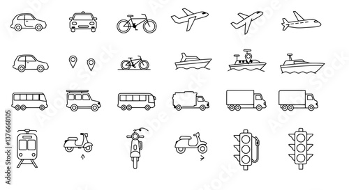 Urban Mobility: A collection of minimalist line art icons depicts various modes of transport, each one meticulously crafted, portraying urban life with simplicity and precision.