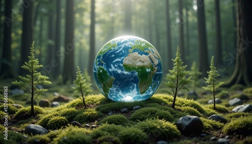 Earth in the forest: a bright and detailed illustration of planet Earth glowing in the center of a green forest.
Save the planet: a modern interpretation of environmental awareness using 3D graphics a