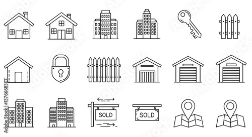Home Ownership and Real Estate Icons: A collection of minimalist line art icons representing various aspects of home ownership and the real estate industry.