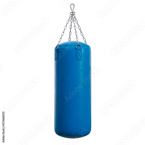 Blue punching bag hanging on a transparent background.
