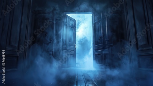 Spooky Horror Background Featuring Opened Doors with Eerie Light Creeping Through, Creating a Sinister and Mysterious Atmosphere