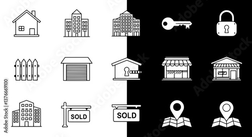 Property Icons: A collection of property-related icons arranged on a monochrome background. including house, building, key, lock and etc. capturing property concept.