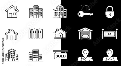 Real Estate Icons Set: This photo showcases a collection of meticulously crafted icons that depict the diverse elements of the real estate world. Ideal for any project needing a clear.