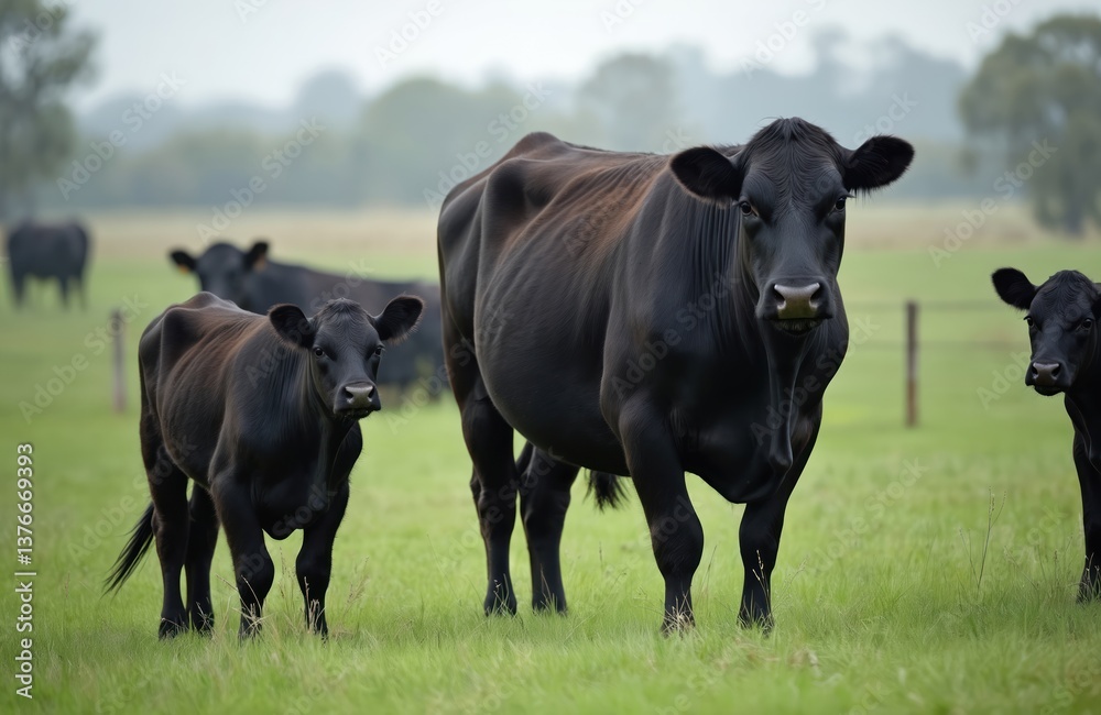 Black angus beef cows graze grass field. Cattle farm in Australia. Sustainable agriculture practices. Cows are healthy. Herd of beef animals grazing. Rural farming. Beef cattle ranch, meat production. Black angus beef cows graze grass field. Cattle farm in Australia. Sustainable agriculture practices. Cows are healthy. Herd of beef animals grazing. Rural farming. Beef cattle ranch, meat production.
