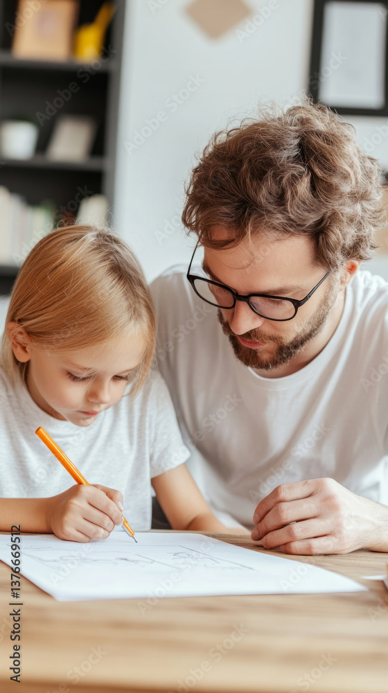 Fototapeta premium Parent supporting child with adhd during homework time for learning success