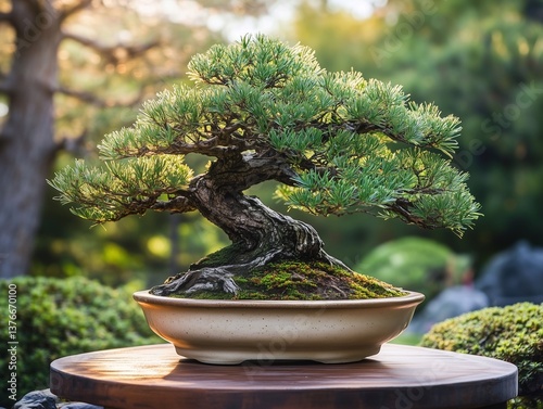 A serene Japanese garden featuring a majestic pine bonsai tree in a handcrafted ceramic pot, placed on a wooden pedestal.