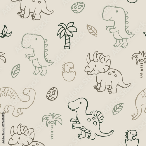 Dinosaurs seamless pattern. Jungle doodle line art.