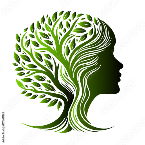 Illustration of a silhouette of a woman's head, smoothly turning into an image of a tree.