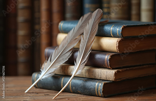 Vintage books stack with feathers on wood table. Library of antique hardbound books, quill pen. Old literature, classic reading. Education and history, retro style. Intellectual, study, knowledge.