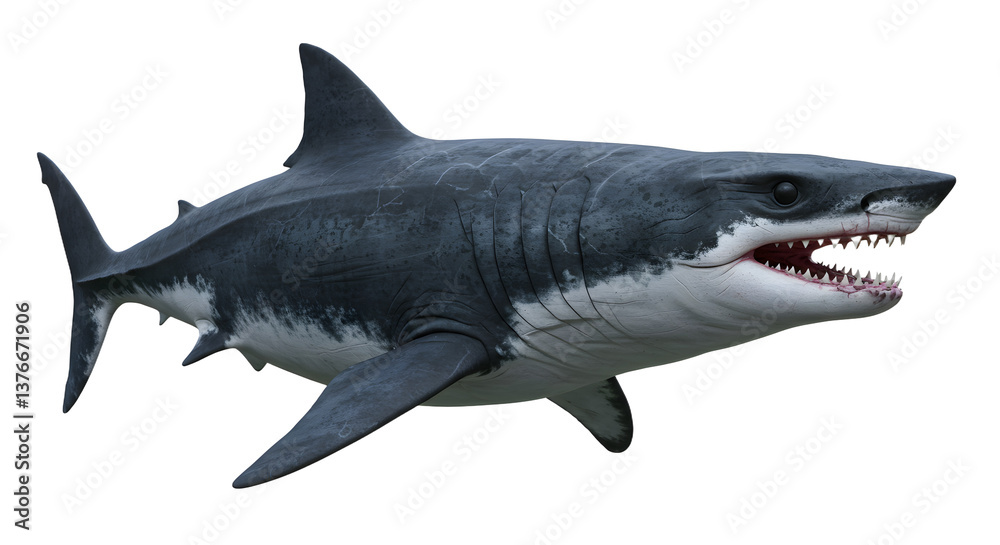 Fototapeta premium Large Shark with Open Mouth Exhibiting Sharp Teeth Isolated on White