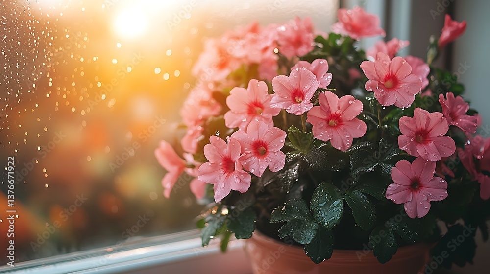 Fototapeta premium Pink flowers with rain, and sunset window.