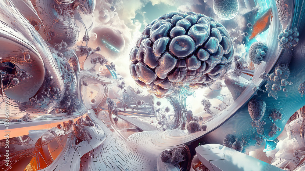 Obraz premium 3D render Art poster. Nanotechnology in virtual reality. Neural structure of artificial intelligence. Synthetic matter and digital mind. Fantastic wallpaper close-up cyberspace