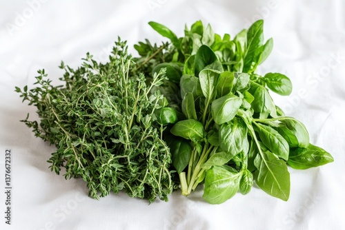 Fresh bunches of fragrant herbs are arranged on a white surface