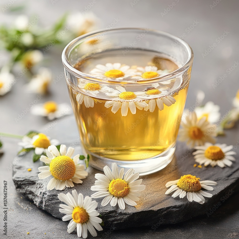 a cup of chamomile tea with chamomile flowers, evoking a sense of tranquility and wellness a cup of chamomile tea with chamomile flowers, evoking a sense of tranquility and wellness