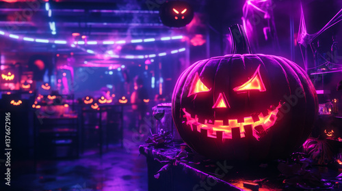 Wallpaper Mural Halloween. Jack Pumpkinhead, all saints night. Party in cyberpunk style. Pumpkin head in neon and fluorescent light. 3d illustration Torontodigital.ca
