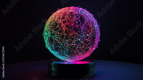 Abstract background with chaotic color lines connecting dots of sphere on dark. Analytics algorithms data. Quantum cryptography concept.  Big data. Banner for business, science and technology.