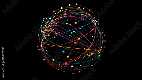 Abstract background with chaotic color lines connecting dots of sphere on dark. Analytics algorithms data. Quantum cryptography concept.  Big data. Banner for business, science and technology.