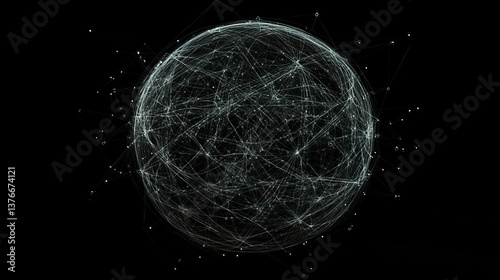 Abstract background with chaotic lines connecting dots of sphere on dark. Analytics algorithms data. Big data. Quantum cryptography concept. Banner for business, science and technology.