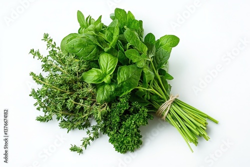 Quadro em tela A colorful bundle of assorted fresh herbs on a white surface