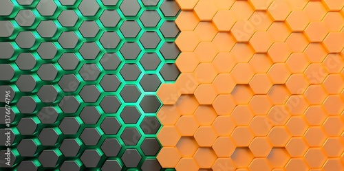 A combo of green and yellow futuristic background with 3D hexagonal shapes. Modern technology-style honeycomb pattern.