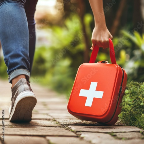 a person's walking to helping people with a first aid kit in hand