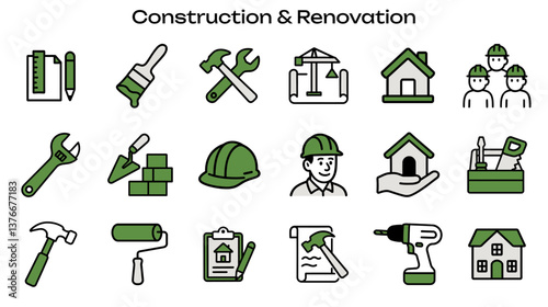 Simple Icon Set Related to Construction & Renovation. Contains Icons: Paint Brush, Drill, Hammer, Toolbox