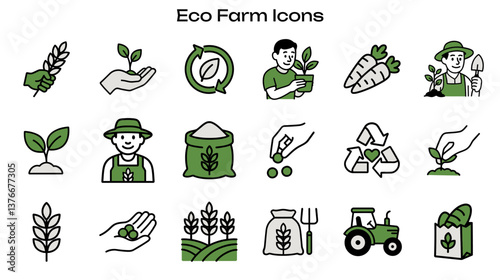 Simple Icon Set Related to Sustainable Farming and Ecology. Contains Icons: Farmer, Tractor, Seedling, Recycle