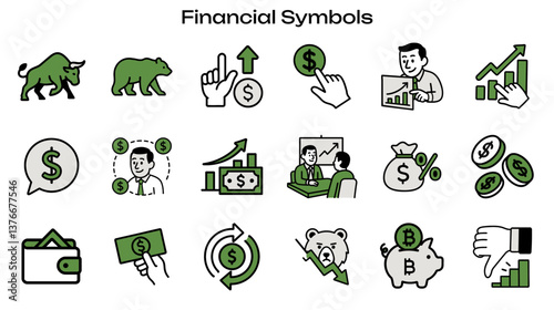 Simple Icon Set Related to Finance and Economy. Contains Icons: Dollar Sign, Bull Market, Stock Chart, Bear Market