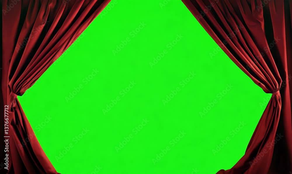 opulent red curtains swaying to reveal a vivid green screen area