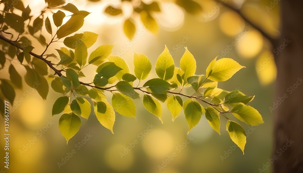 Close-up shot of a tree branch with leaves, bathed in the warm glow of sunlight, bokeh effect, soft diffused lighting, golden hour Close-up shot of a tree branch with leaves, bathed in the warm glow of sunlight, bokeh effect, soft diffused lighting, golden hour