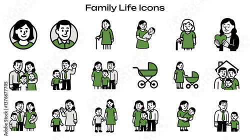 Simple Icon Set Related to Family Life: Contains Icons Such As Parents, Child, Elderly, Baby Stroller