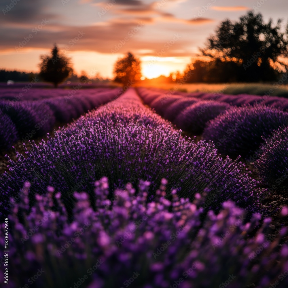 Obraz premium Fields of vibrant lavender bloom at sunset near a rural farm in late summer