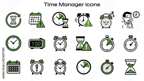 Simple Icon Set Related to Time Management. Contains icons: alarm clock, hourglass, stopwatch, calendar, reminder