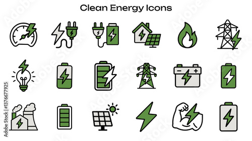 Simple Icon Set Related to Clean Energy Solutions. Contains icons: solar panel, electric plug, battery, power plant
