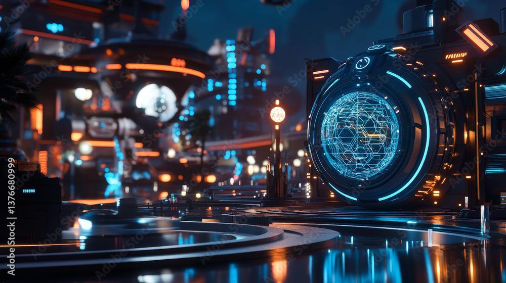 Abstract tech background 3D illustration. Quantum computer architecture. Fantastic night city. Futuristic technologies in global communication network Abstract tech background 3D illustration. Quantum computer architecture. Fantastic night city. Futuristic technologies in global communication network