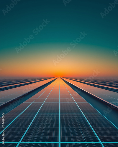 Futuristic view of endless solar panels under a vibrant orange sky at sunrise, representing clean energy and innovation.