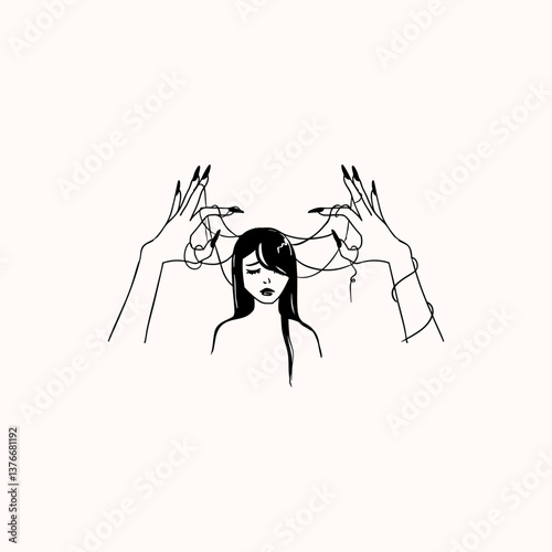 psychological manipulation illustration  of Hands Pulling the Threads of a Sad Woman’s Mind