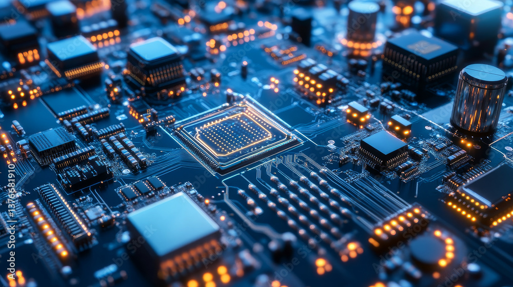Digital city in hitech. Circuit board and hardware 3d illustration. Wireless internet technologies. Database protection and secure transmission of information on blockchain network Digital city in hitech. Circuit board and hardware 3d illustration. Wireless internet technologies. Database protection and secure transmission of information on blockchain network