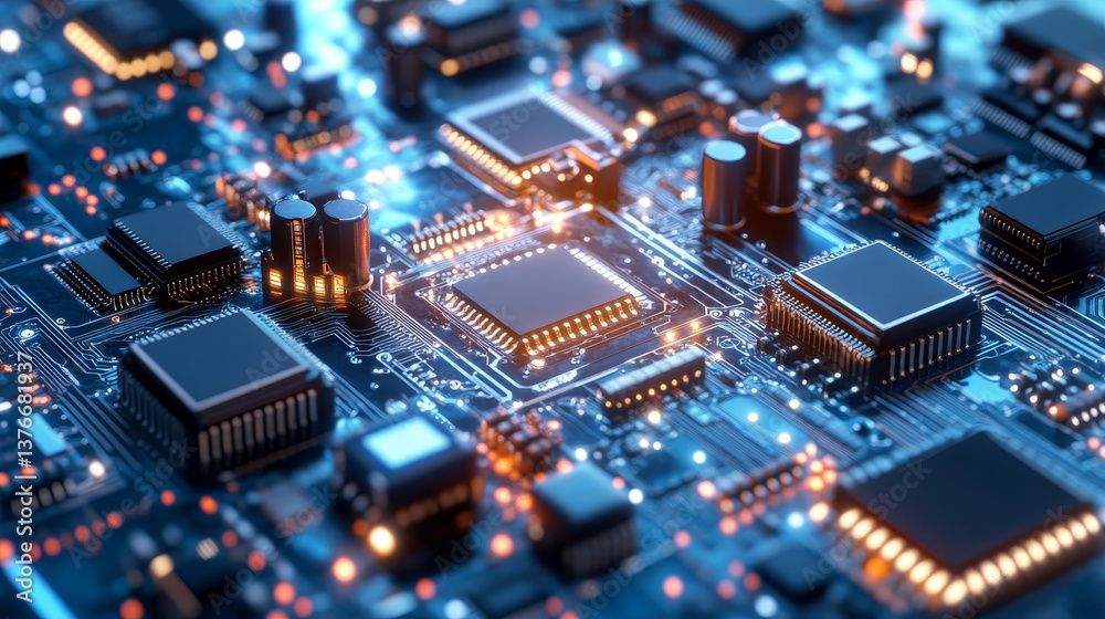 Fototapeta premium Digital city in hitech. Circuit board and hardware 3d illustration. Wireless internet technologies. Database protection and secure transmission of information on blockchain network