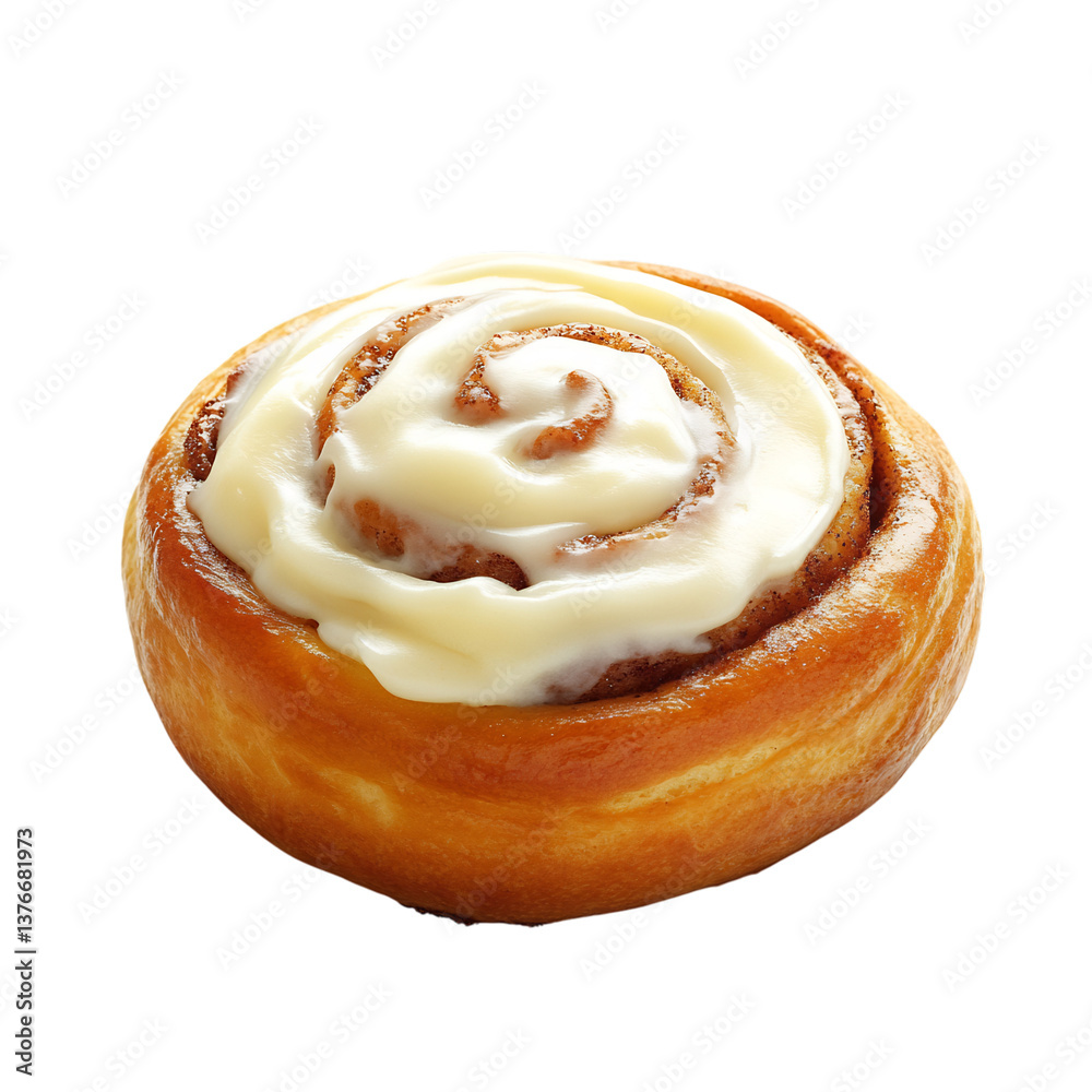 A Single Fluffy Cinnamon Bun Topped with Cream Cheese Isolated on Transparent Background A Single Fluffy Cinnamon Bun Topped with Cream Cheese Isolated on Transparent Background