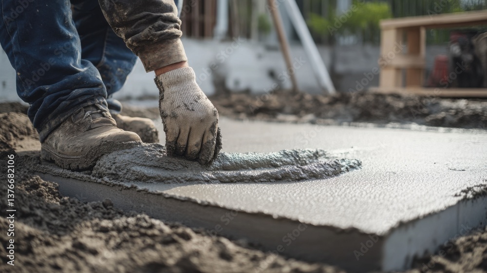 A construction worker laying cement on the foundation of a building. Featuring precision and teamwork A construction worker laying cement on the foundation of a building. Featuring precision and teamwork