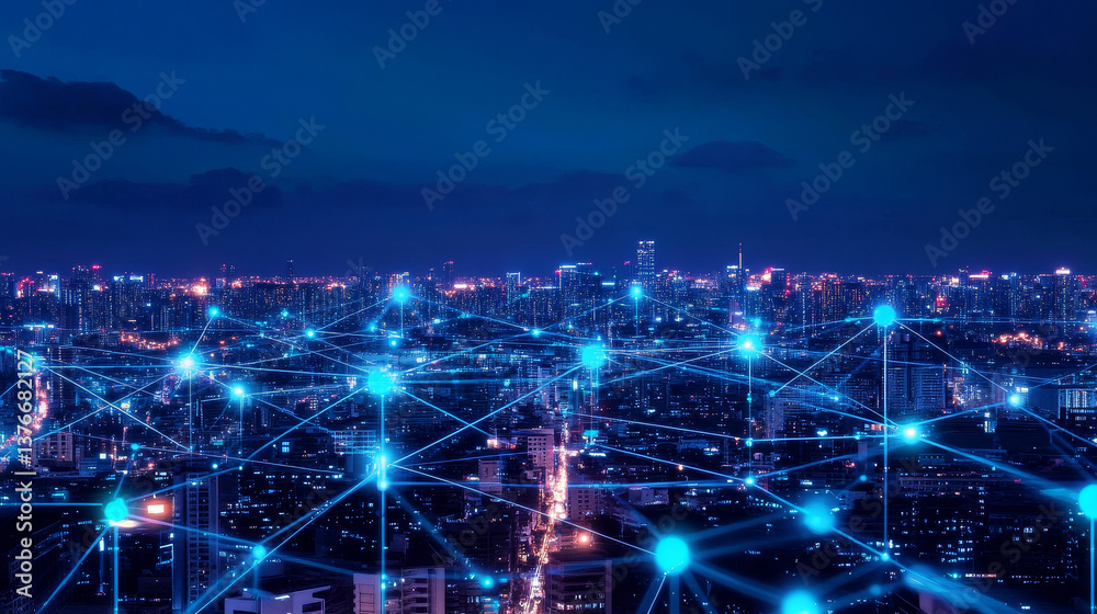 Smart city and big data connection technology concept 3d illustration. Sci-fi Skyline, Blue Neon lights. Wireless digital connection and internet of things future