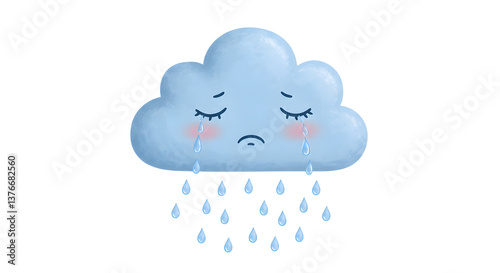 Crying cloud illustration with raindrop tears expressing sadness emotion
