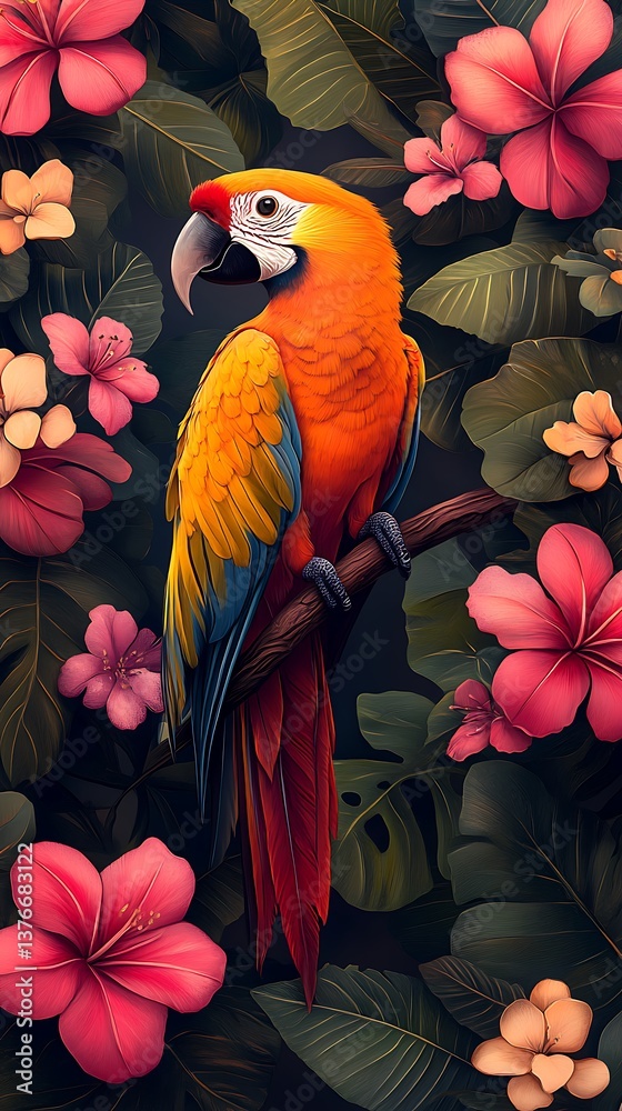 Fototapeta premium Vibrant Macaw Perched on Branch with Tropical Flowers and Leaves