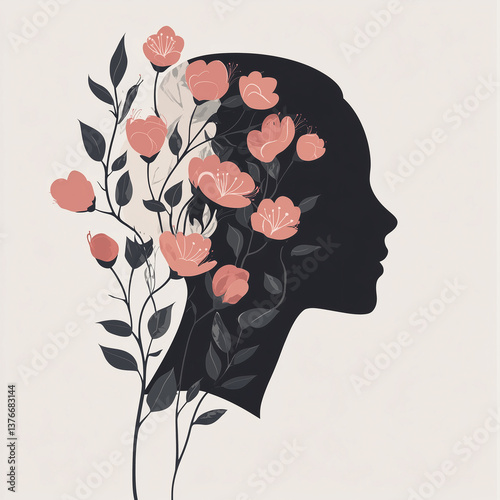 Minimalist silhouette of a female head filled with pink flowers, symbolizing mindfulness, creativity, and mental wellbeing.