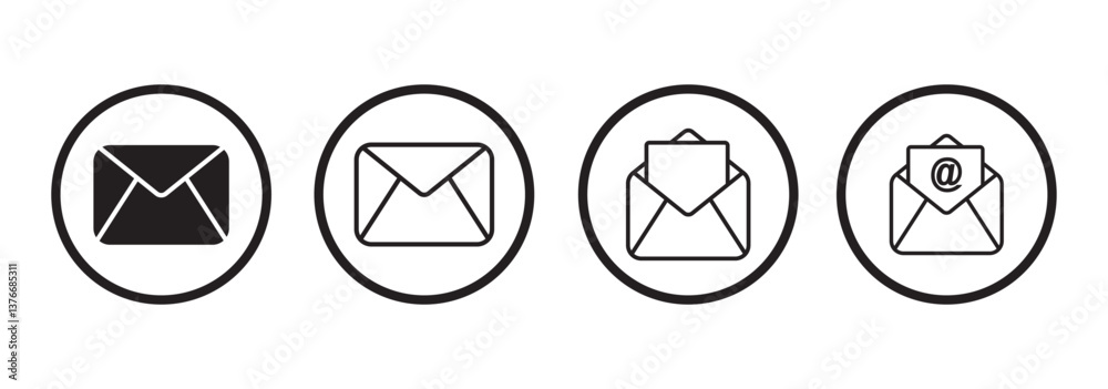 Set of mail envelope icon in linear style. Closed envelope, opened letter, with checkmark and email. Editable stroke. E-mail icon, sign of an incoming unopened message. Vector illustration Set of mail envelope icon in linear style. Closed envelope, opened letter, with checkmark and email. Editable stroke. E-mail icon, sign of an incoming unopened message. Vector illustration