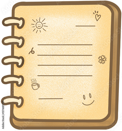blank notebook, diary, A warm-toned, ring-bound diary with a vintage aesthetic, decorated with cute hand-drawn doodles such as a sun, heart, coffee cup, and clover. The page has lined.