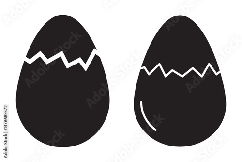 Broken eggs icon set isolated on black background. Broken Eggshell and cracked egg icon set in white color. Broken ester egg collection. Vector illustration.