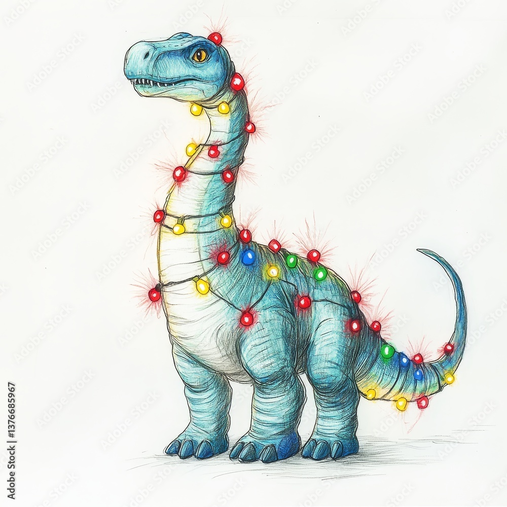 Naklejka premium Festive Dinosaur Pencil Drawing Lights Wrap - A whimsical pencil drawing of a dinosaur adorned with colorful Christmas lights, symbolizing joy, festivity, the spirit of Christmas