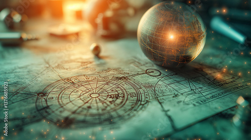 Vintage Astronomical Map with Glowing Sphere and Mystical Atmosphere photo
